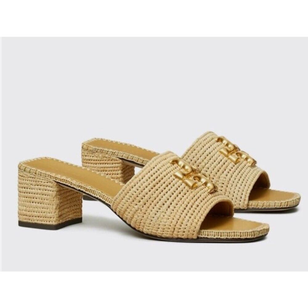 Tory Burch Natural Raffia Block Heel Slide with Gold Logo